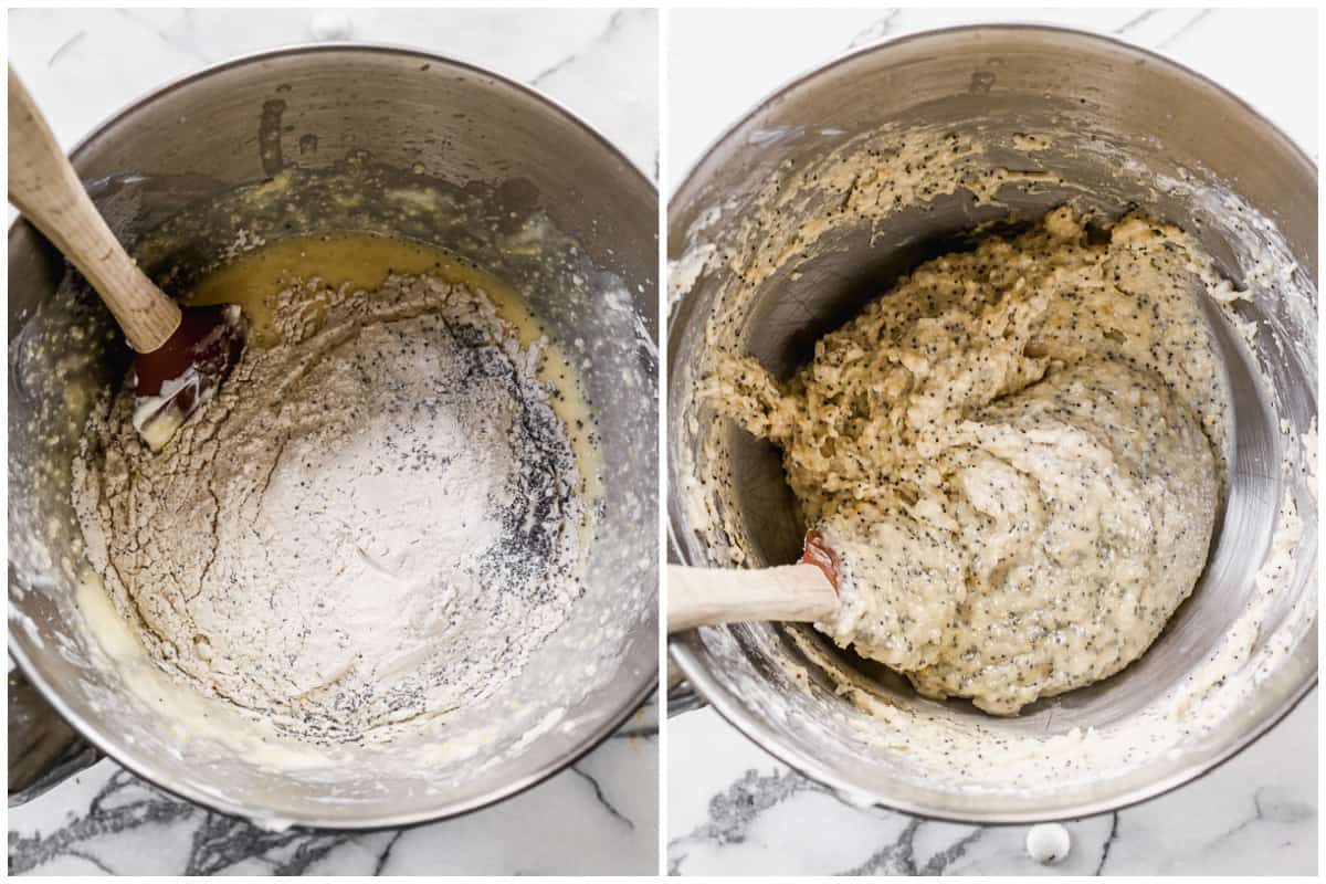 Two images showing dry ingredients being folded into the wet ingredients for easy lemon poppy seed bread.