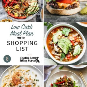 collage of 5 dinner recipes from low carb meal plan 8.