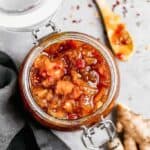 Mango Chutney in a glass jar, ready to serve.