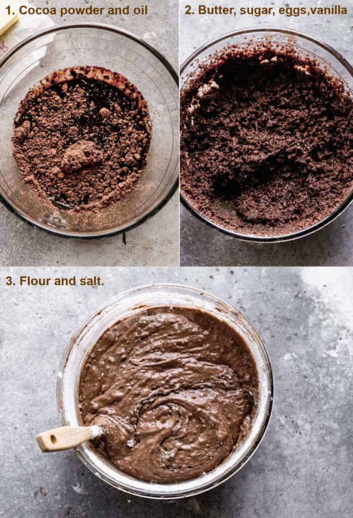 Three process photos for making brownie batter.