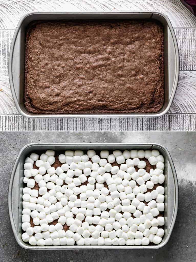 A pan of baked brownies, then marshmallows added on top.