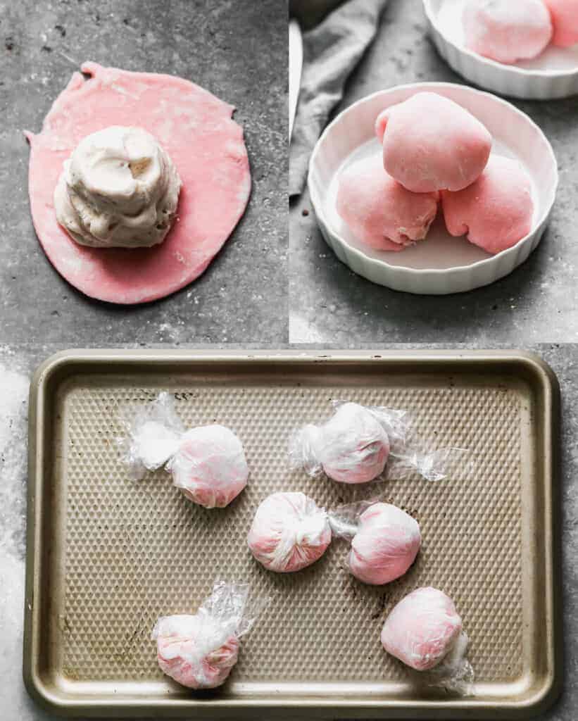 Three process photos for adding a scoop of ice cream to mochi dough and rolling it into balls and wrapping it in plastic wrap.