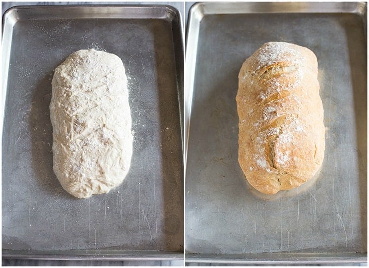 Side by side photos of a loaf of bread on a baking sheet before and after it's baked.