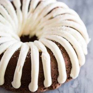 Nothing Bundt Cake copycat cat frosted with cream cheese frosting.