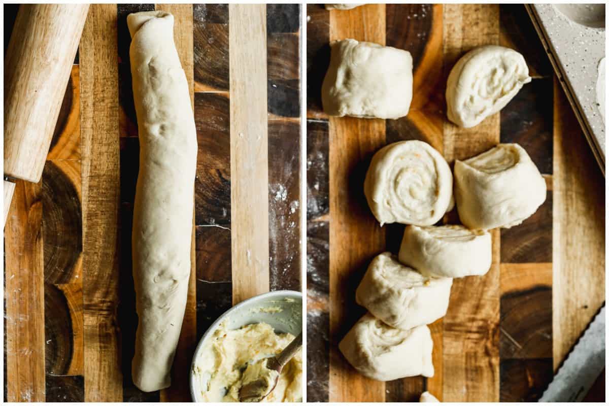 Two images showing Orange Roll dough rolled up, and after slices are cut.