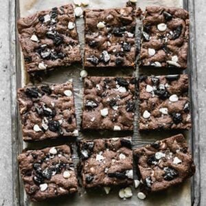 Oreo Bars on a baking sheet, cut into squares.