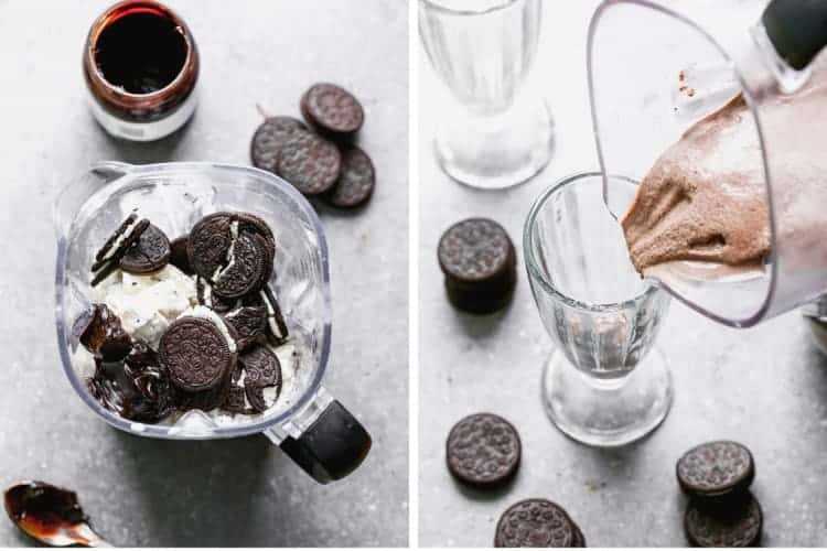 Two process photos for making Oreo Milkshakes in a blender.