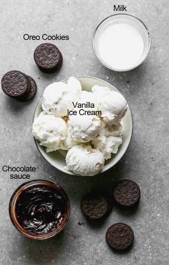 The ingredients needed to make Oreo Milkshakes.