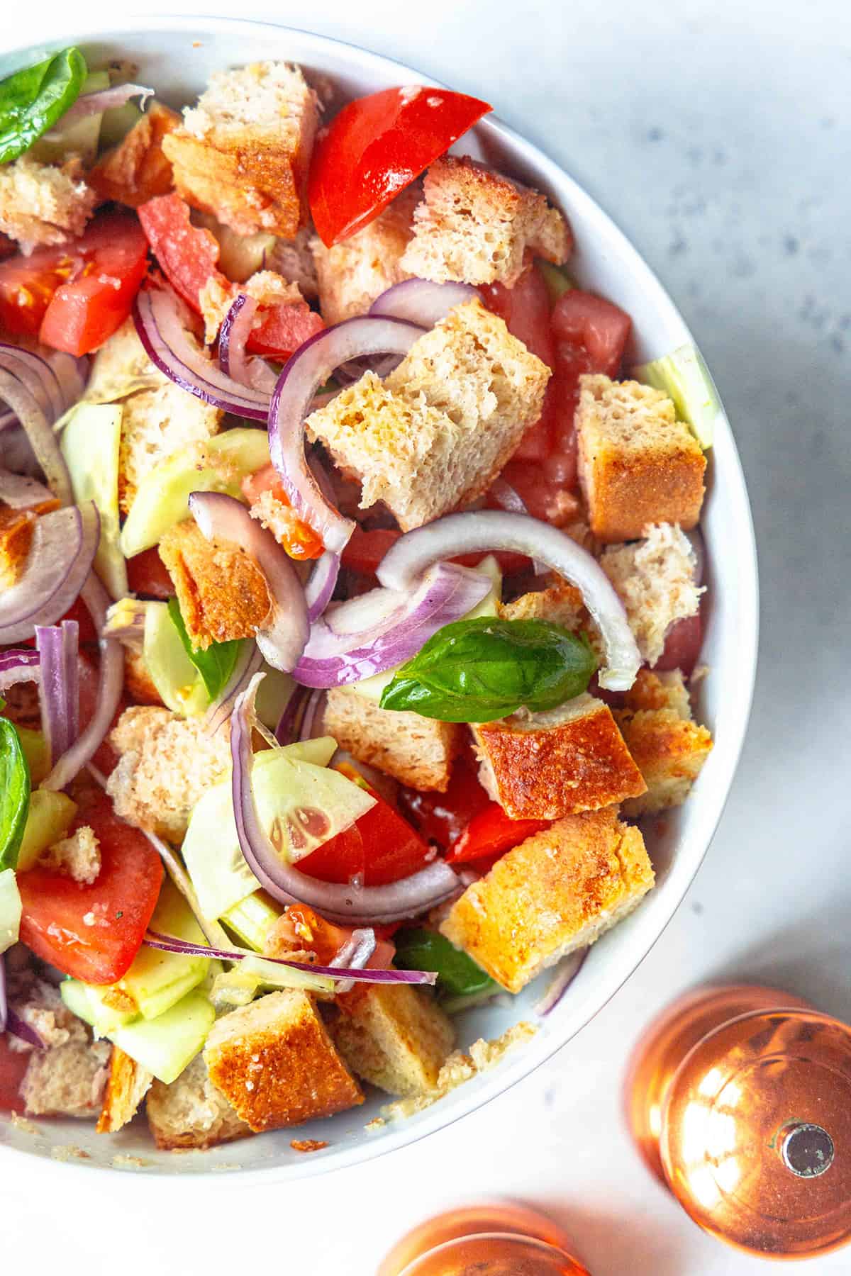 A bowl of delicious Italian Panzanella Salad, ready to enjoy.