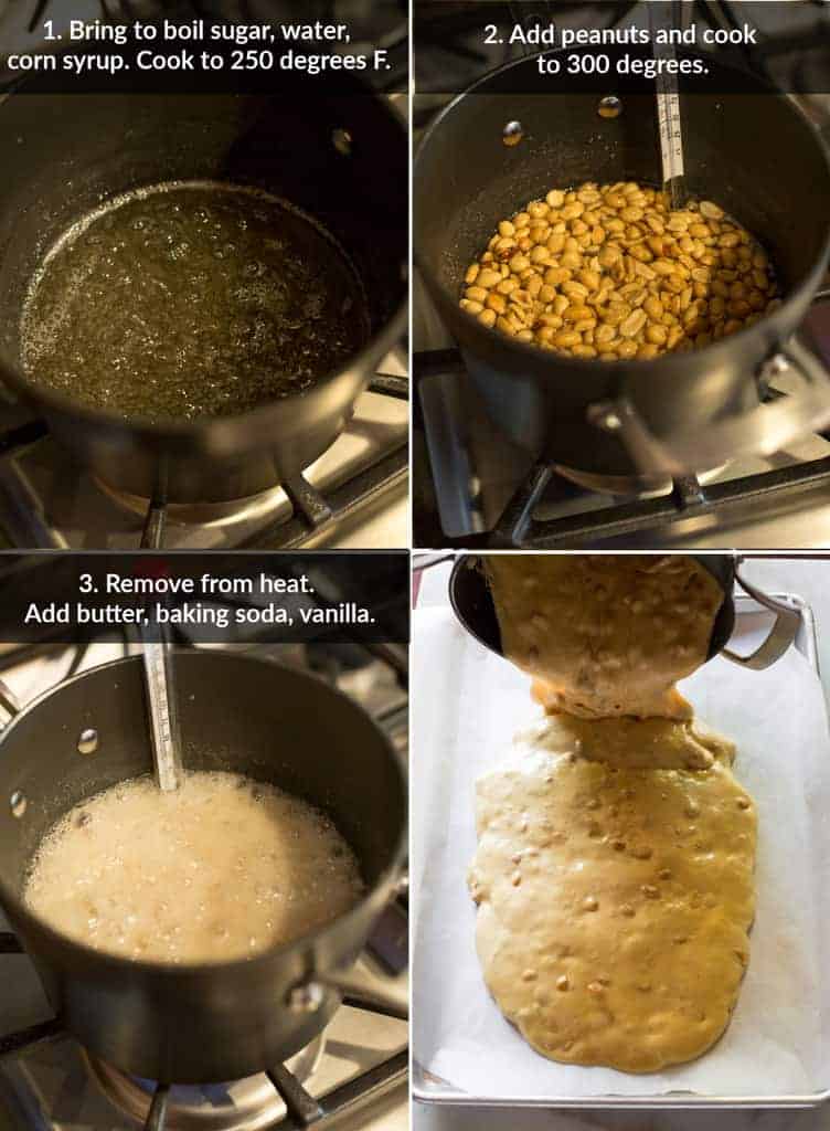 Process photos for making peanut brittle in a saucepan with a candy thermometer, and the finished peanut brittle poured onto a baking sheet.