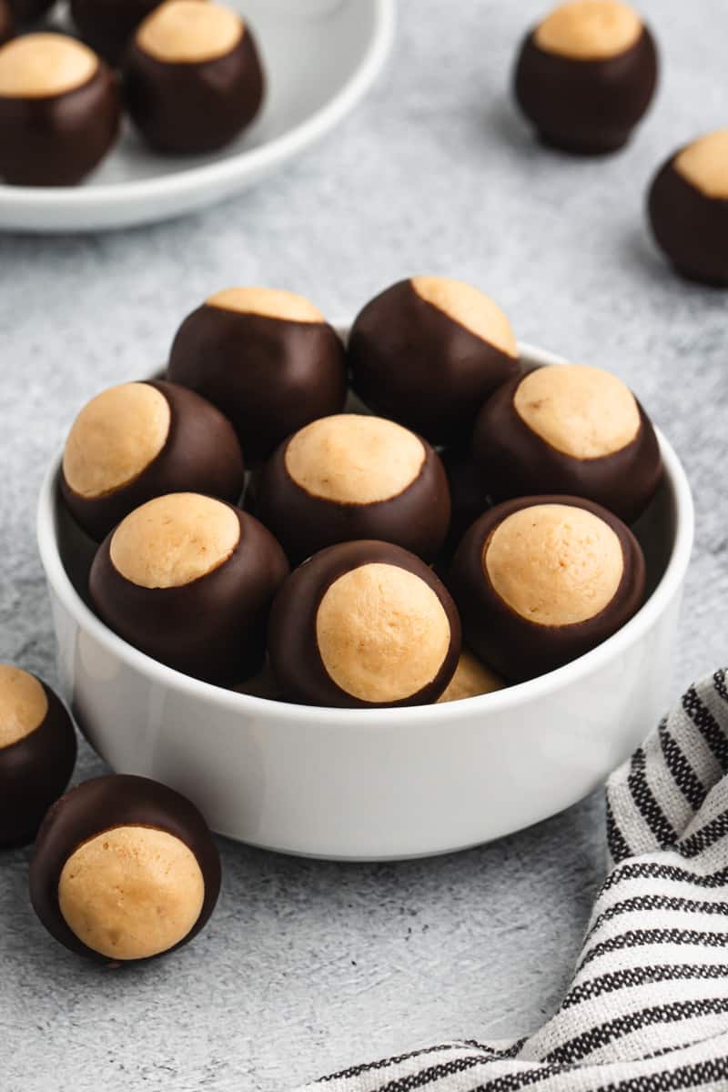 A bowl of homemade Buckeyes, ready to enjoy.