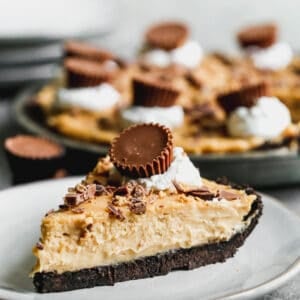 A slice of no bake Peanut Butter Pie, ready to enjoy.