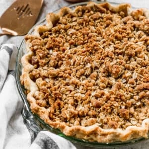 A homemade Pear Pie recipe with a golden streusel topping.