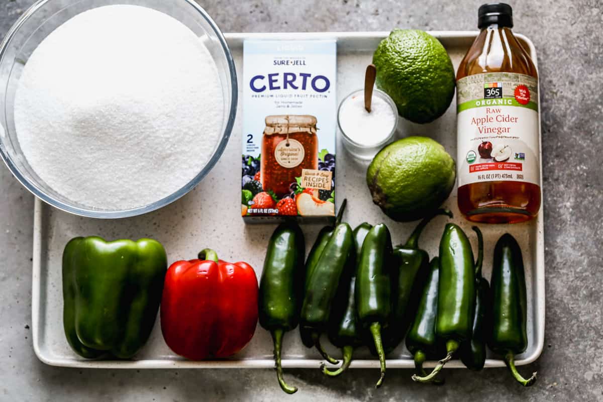 All of the ingredients needed to make an easy Jalapeño Pepper Jelly recipe.