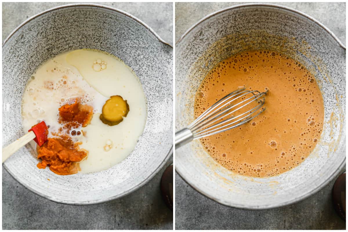 Two images showing milk, pumpkin, egg, oil, and vinegar in a bowl before and after it's mixed to make pumpkin pancake batter.