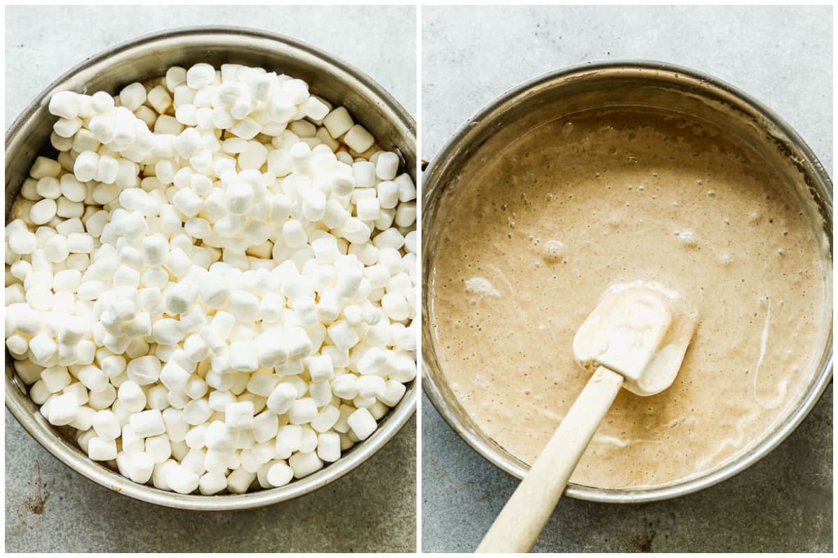 Mini Marshmallows dumped on top of butter in a large pot, then the marshmallows and butter melted together to make a sauce for the best Rice Krispie Treats.