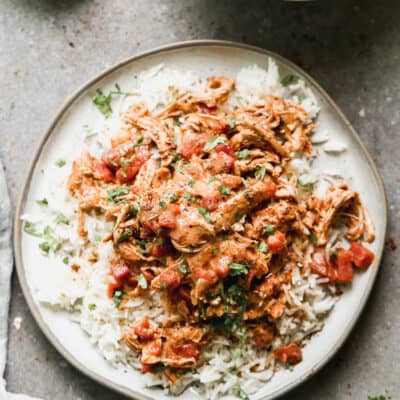 A plate of crockpot chicken tikka masala, served over basmati rice.