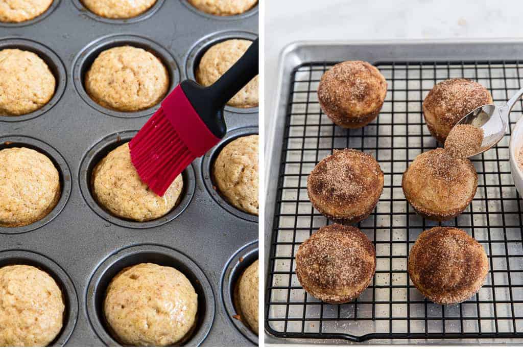 Melted butter brushed on top of baked muffins, then cinnamon sugar sprinkled on top.