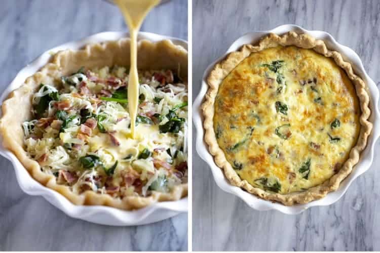 Egg and milk mixture poured over bacon and spinach in a pie dish next to a photo of the baked quiche.