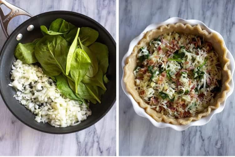 Spinach and onion cooking in a skillet and then add to a pie crust with cheese and bacon.