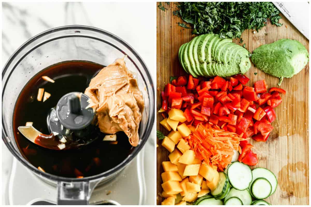 Two images showing the ingredients for a sweet chili peanut sauce in a food processor, and a picture of chopped veggies, mango, avocado, and herbs on a cutting board.