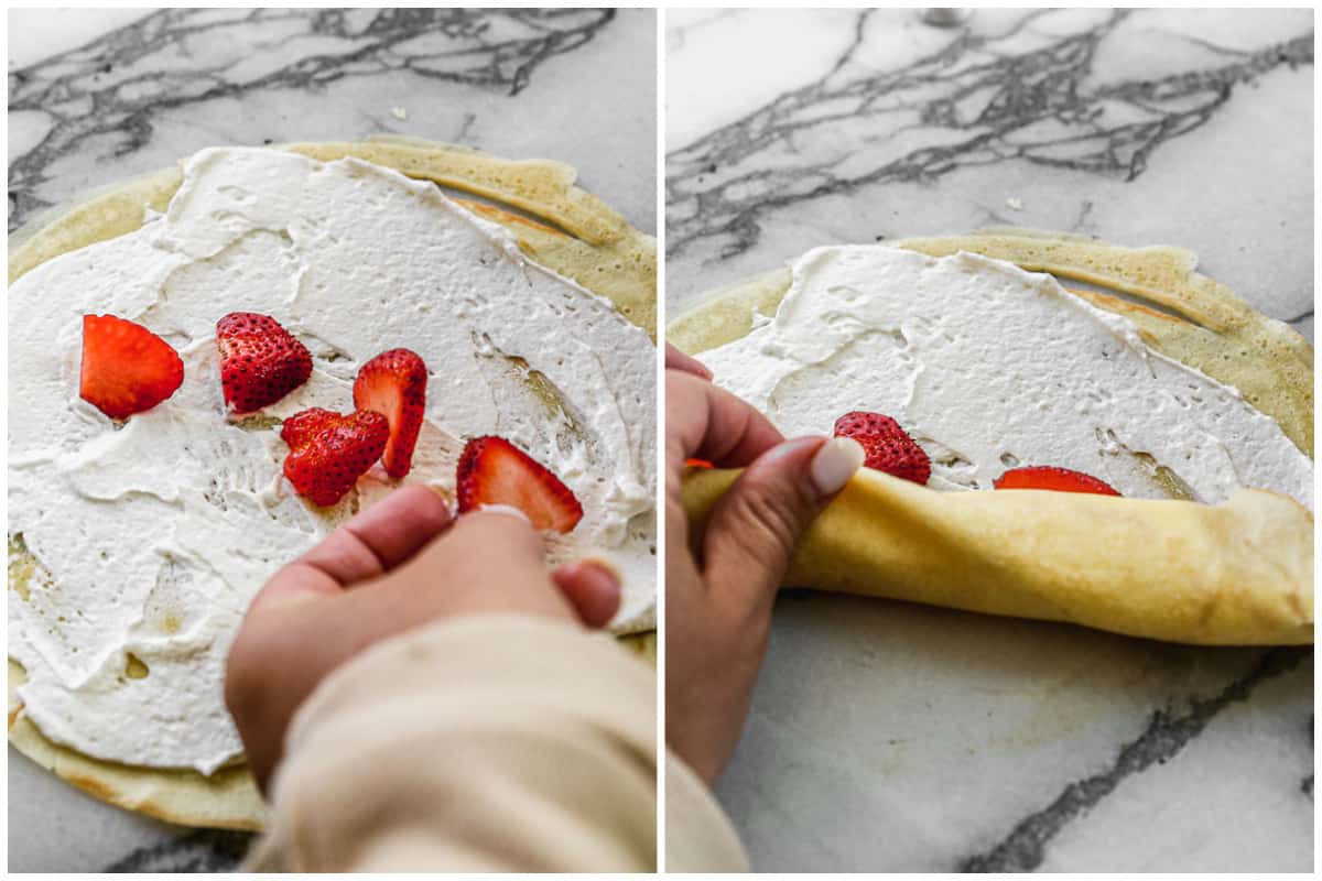 Two images showing cream and strawberries on a crepe, then the crepe being rolled up.