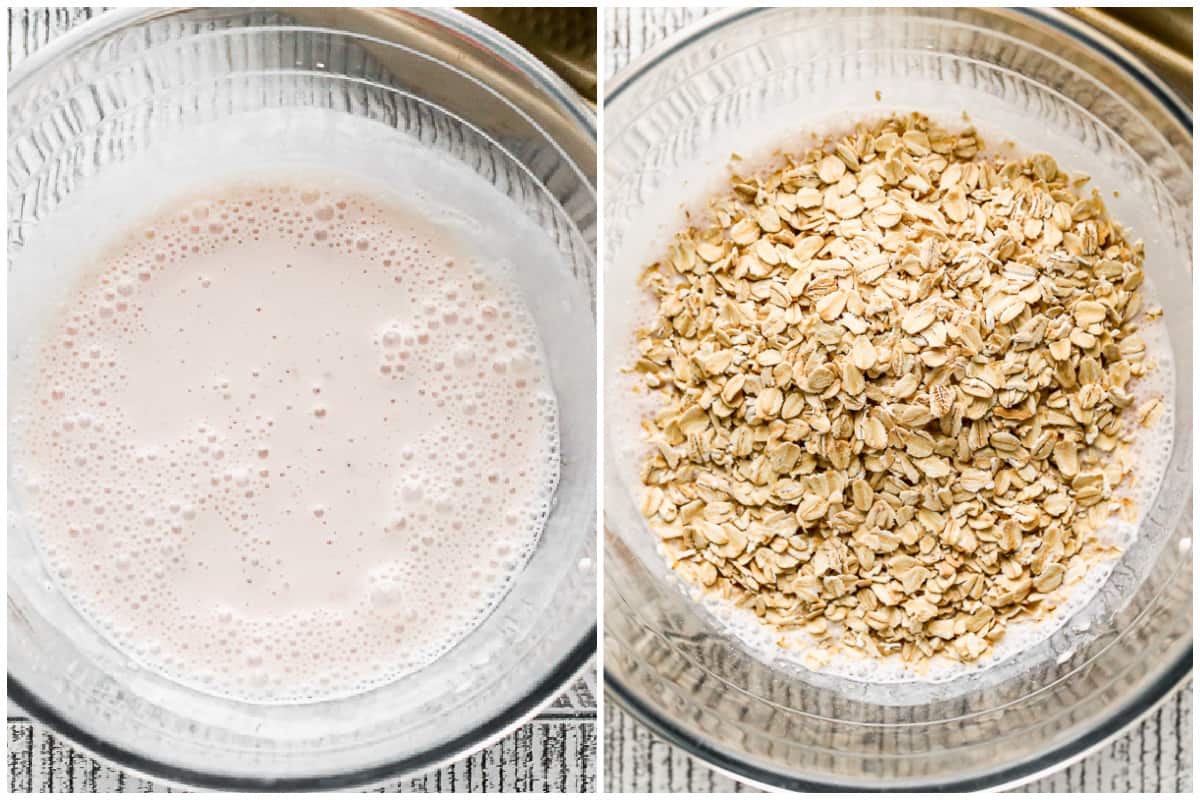 Two images showing how to make strawberry overnight oats by combining the milk and yogurt, then adding the oats and chia seeds.