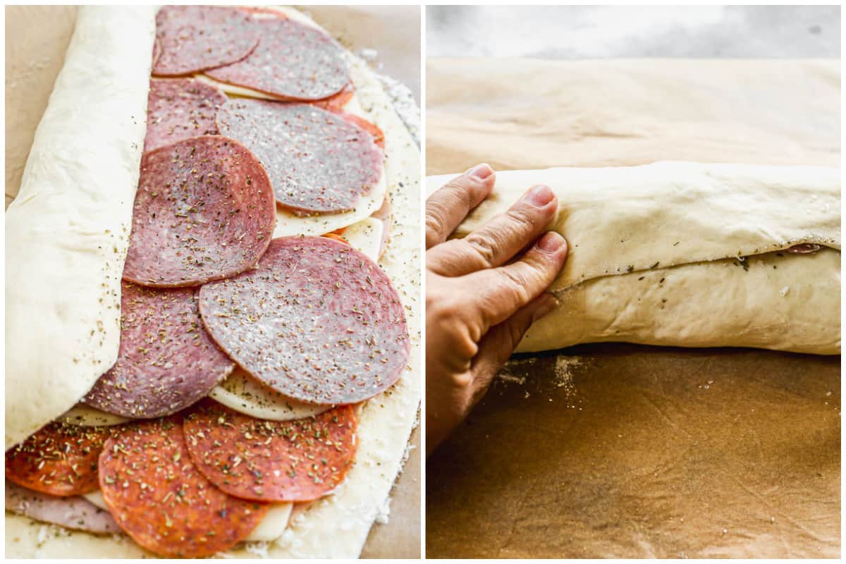 Two images showing how to roll and seal a stromboli before baking it.