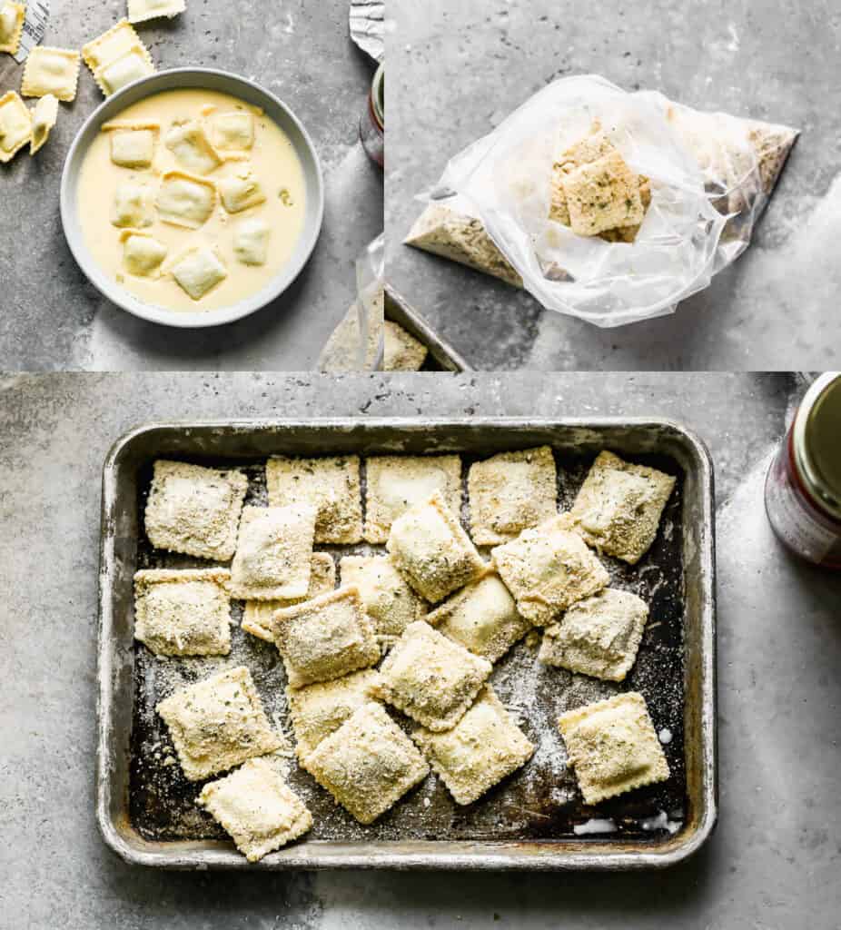 Three process photos for making toasted ravioli, including coating ravioli in egg and milk mixture, then breadcrumbs.