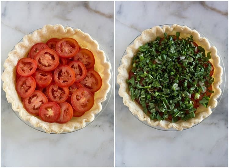 A pre-baked pie crust with slices of tomatoes layered inside, next to another photo of chopped basil and green onion added on top of the tomato slices in the pie dish.