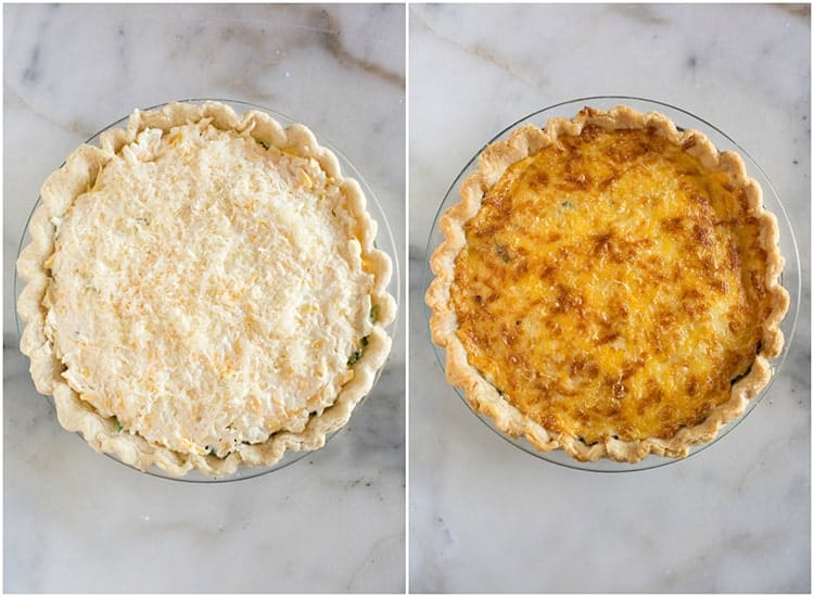 Two overhead photos of a tomato pie, one before it's baked and the other after it's baked and the cheese topping is golden brown.