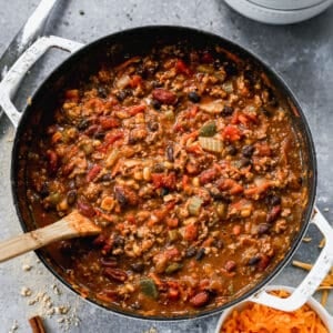 A large stockpot filled with homemade Turkey Chili, ready to serve.