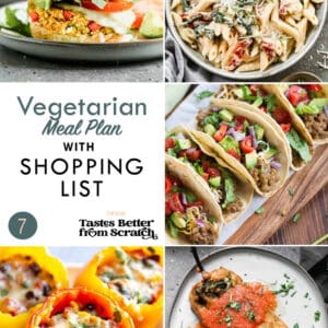 A collage of 5 dinner recipes from vegetarian meal plan 7.