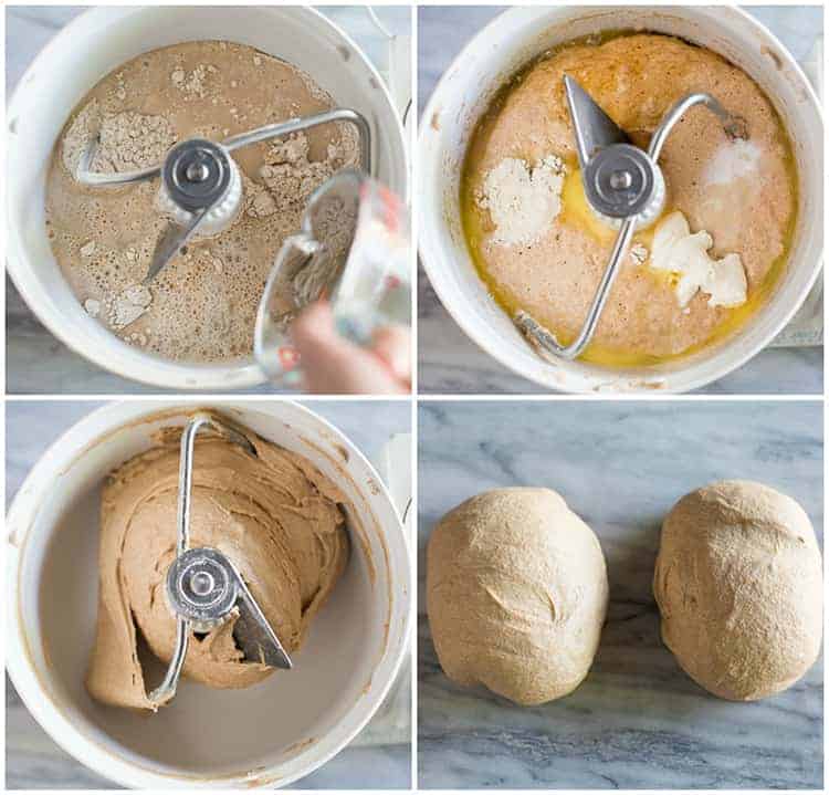 Process photos for making whole wheat bread in a stand mixer and then dividing the dough into two loaves.