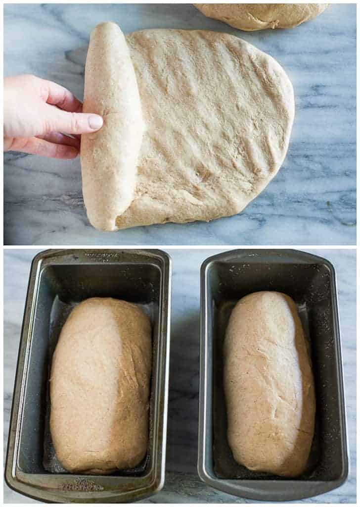 Dough for whole wheat bread being rolled into a log and another photo of two loaf pans with whole wheat bread ready to be baked.